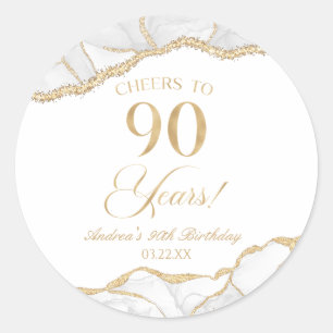 Elegant White Gold Agate 90th Birthday Party Classic Round Sticker