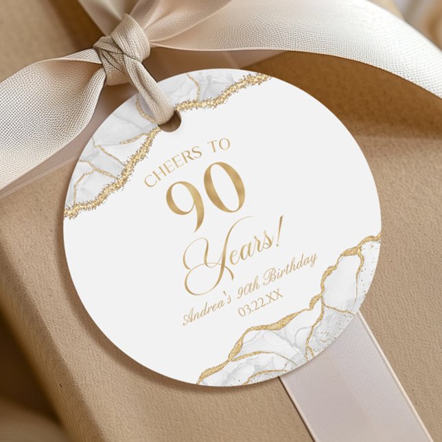 Elegant White Gold Agate 90th Birthday Party Favor Tags (Creator Uploaded)