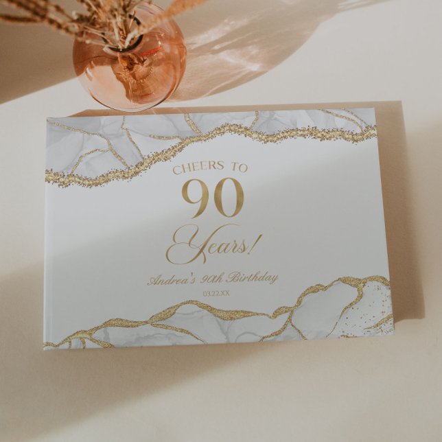 Elegant White Gold Agate 90th Birthday Party Guest Book (Creator Uploaded)