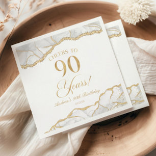 Elegant White Gold Agate 90th Birthday Party Napkins