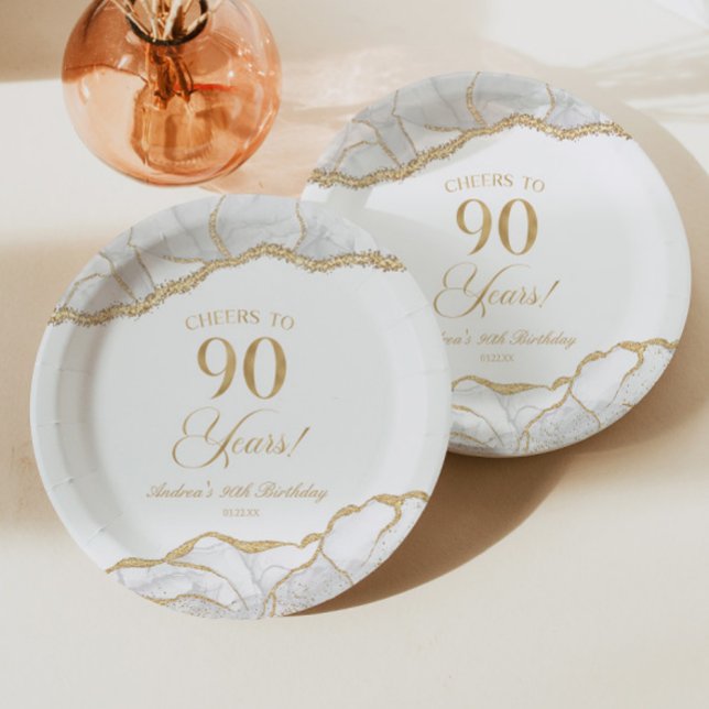 Elegant White Gold Agate 90th Birthday Party Paper Plates (Creator Uploaded)