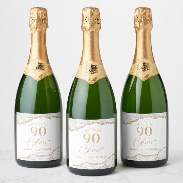 Elegant White Gold Agate 90th Birthday Party Sparkling Wine Label (Bottles)