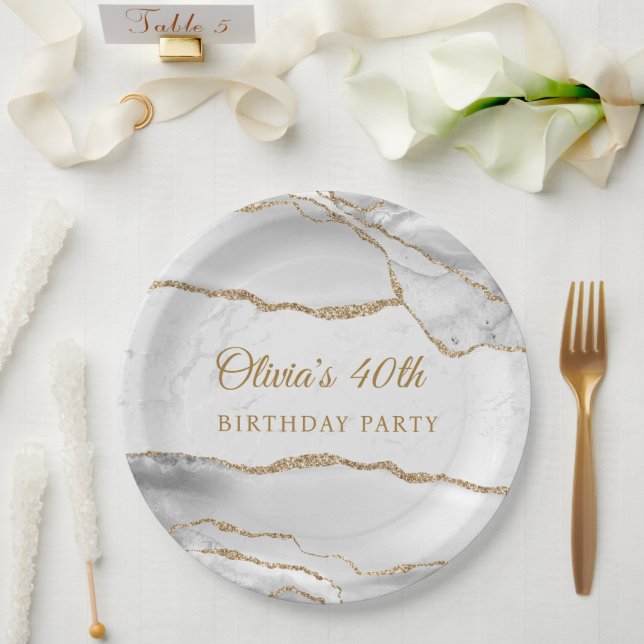 Elegant White & Gold Agate Birthday Party Paper Plates (Wedding)