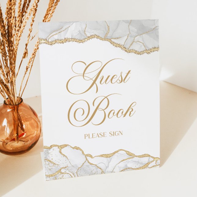 Elegant White Gold Agate Guest Book Sign (Creator Uploaded)