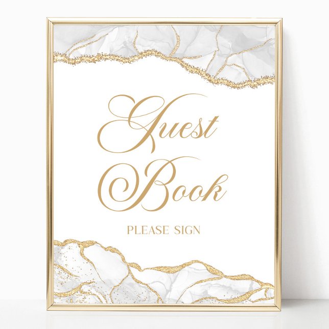 Elegant White Gold Agate Guest Book Sign (Creator Uploaded)