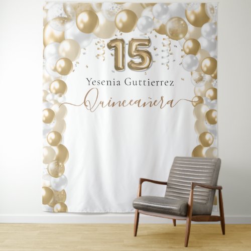 Elegant White Gold Balloon Arch Quinceaera Tapestry