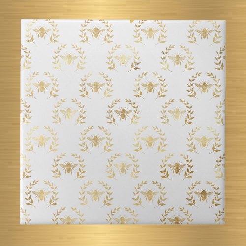 Elegant White Gold Bees Laurel Wreath Ceramic Tile
