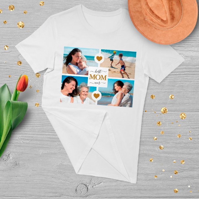 Elegant White Gold Best Mom Ever 4 Photo Collage T-Shirt (Creator Uploaded)