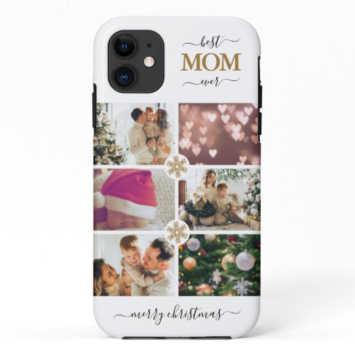 Elegant White Gold Best Mom Ever 6 Photo Collage iPhone 11 Case