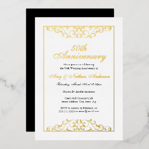 Elegant White Gold Black 50th Wedding Anniversary  Foil Invitation