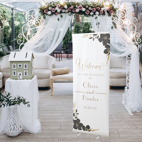 Elegant white  Gold Black Floral Welcome Wedding  Retractable Banner