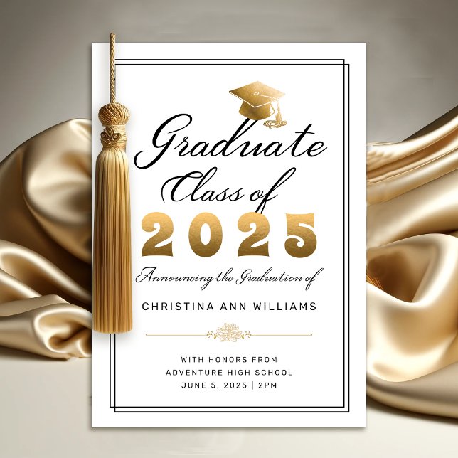 Elegant White Gold Black Script 2025 Graduation Announcement (Elegant White Gold Script Graduation Announcement)