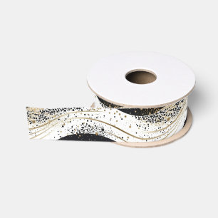 Elegant White Gold Black Wavy Stripes Grosgrain Ribbon