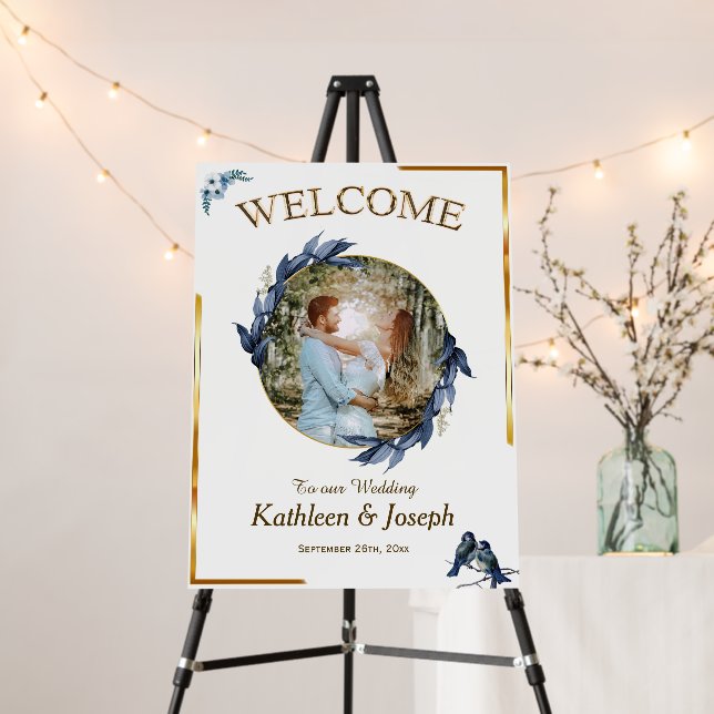 Elegant White Gold Blue Photo Wedding Welcome Sign (In Situ (Stand))
