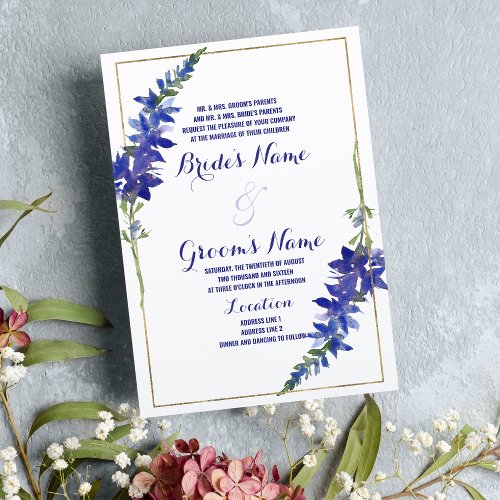 Elegant white gold blue purple floral Wedding  Invitation