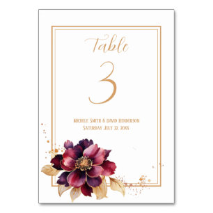 Elegant white gold burgundy double sided table number