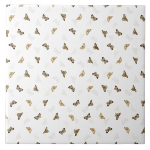 Elegant White Gold Butterflies Ceramic Tile