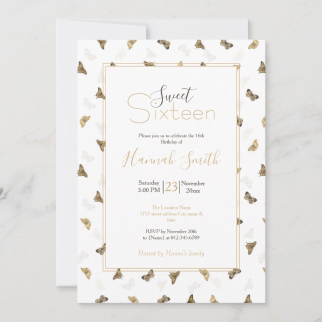 Elegant White Gold Butterflies Invitation (Front)