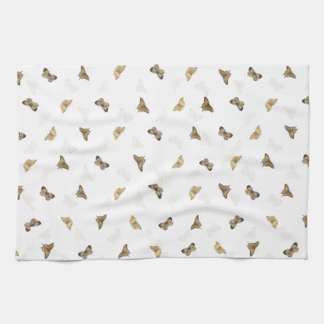 Elegant White Gold Butterflies Kitchen Towel (Horizontal)