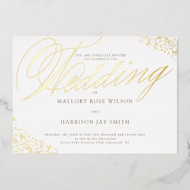 Elegant White Gold Calligraphy Wedding Invitation Foil Invitation (Front)