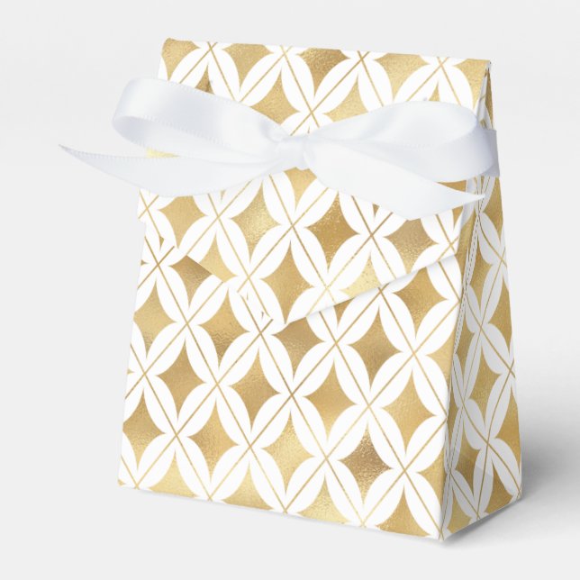 Elegant White & Gold Carnival Harlequin Pattern Favor Boxes (Front Side)