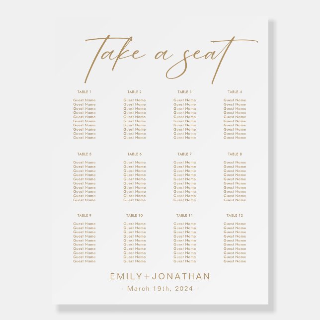 Elegant White Gold Champagne Wedding Seating Chart Foam Board (Front)