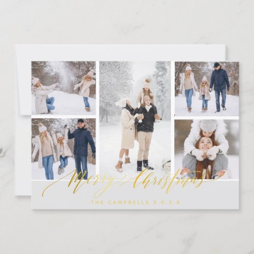 Elegant White Gold Christmas Custom Photo Collage  Holiday Card