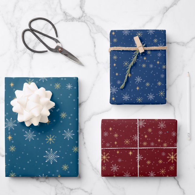 Elegant White Gold Christmas Snowflakes Wrapping Paper Sheets (Front)