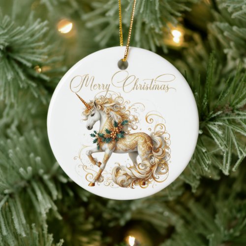 Elegant White &amp; Gold Christmas Unicorn Ceramic Ornament