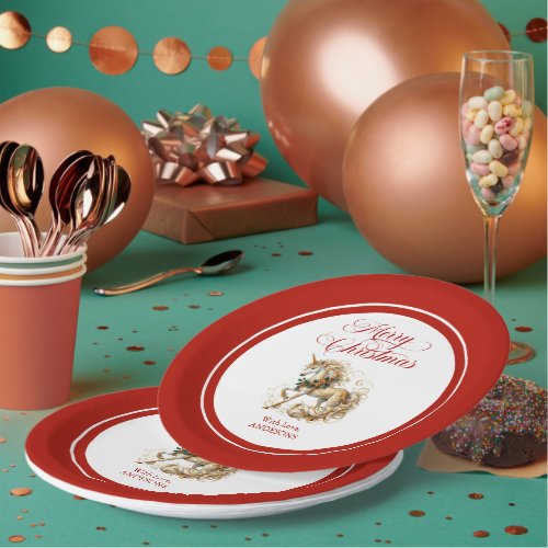 Elegant White &amp; Gold Christmas Unicorn Paper Plates