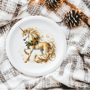 Elegant White & Gold Christmas Unicorn Paper Plates