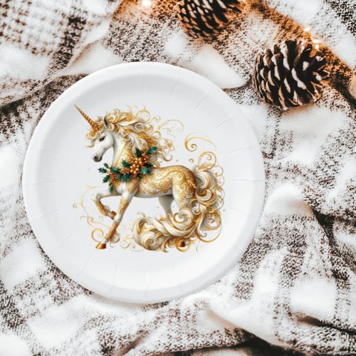 Elegant White & Gold Christmas Unicorn Paper Plates