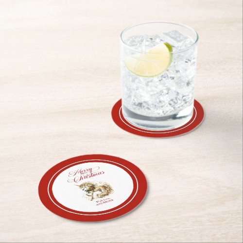 Elegant White & Gold Christmas Unicorn Round Paper Coaster