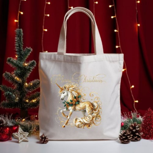 Elegant White & Gold Christmas Unicorn Tote Bag