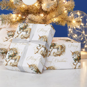 Elegant White & Gold Christmas Unicorn Wrapping Paper