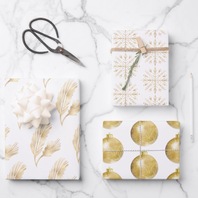 Elegant White Gold Christmas Wrapping Paper Sheets (Front)