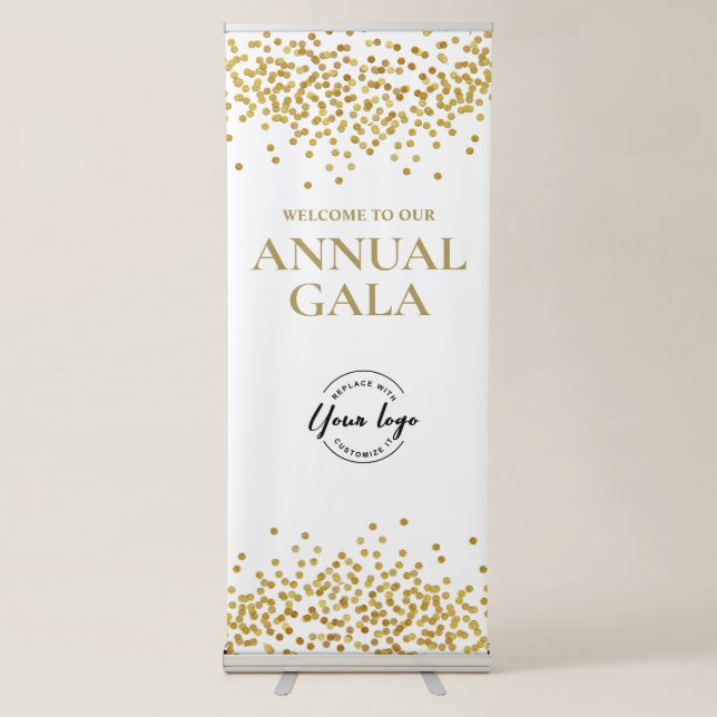 Elegant White & Gold Confetti Company Annual Gala Retractable Banner (Front)