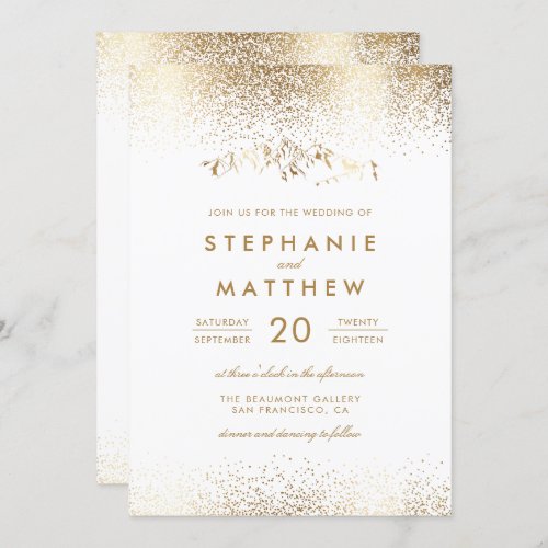 Elegant White  Gold Confetti Mountain Wedding Invitation