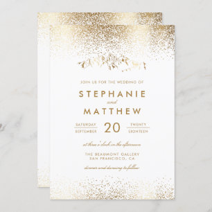 Elegant White & Gold Confetti Mountain Wedding Invitation