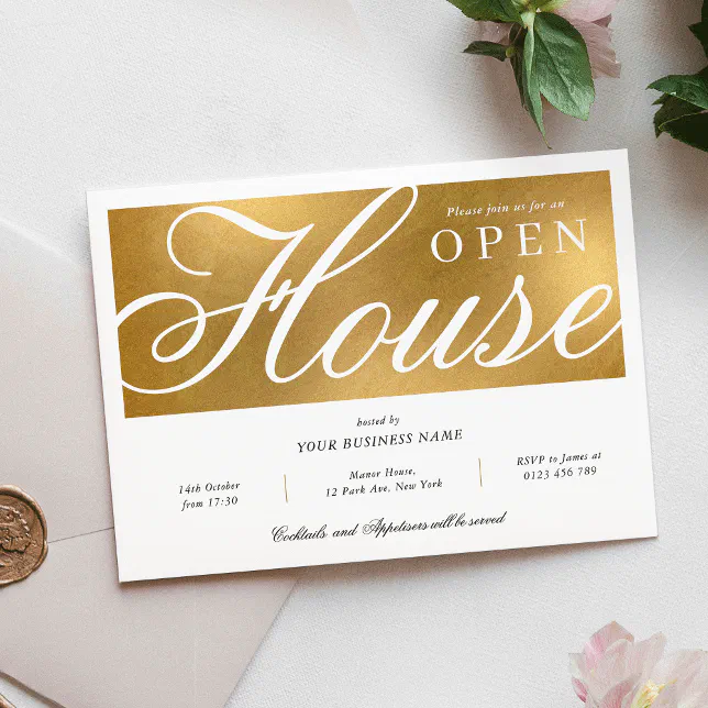Elegant White & Gold Corporate Office Open House Invitation | Zazzle