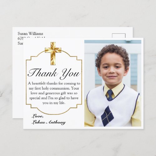 Elegant White Gold Cross 1st Communion Thank You Postcard