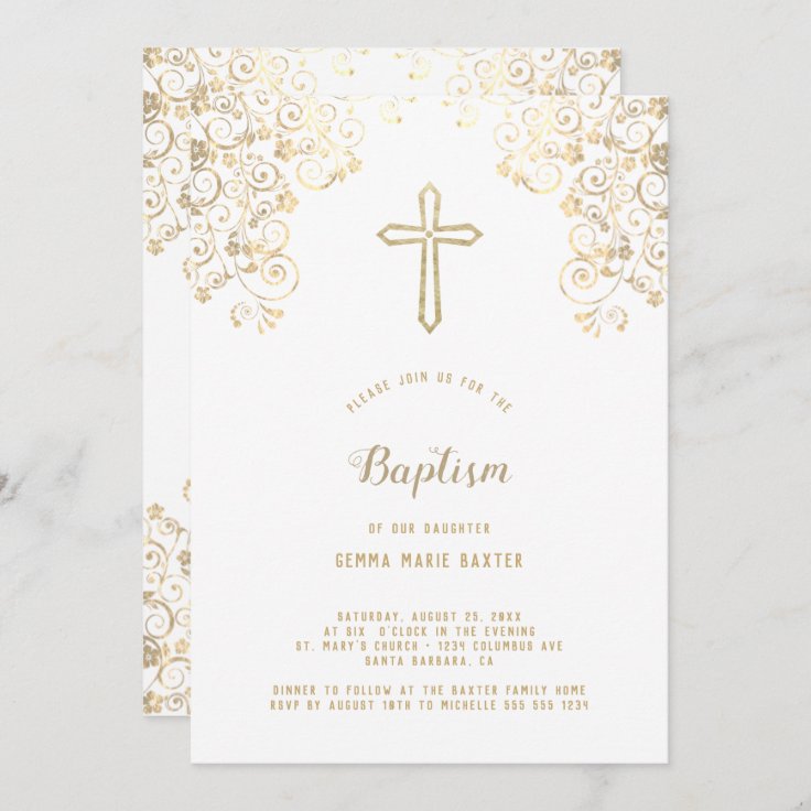 Elegant White Gold Cross Baptism Invitation | Zazzle