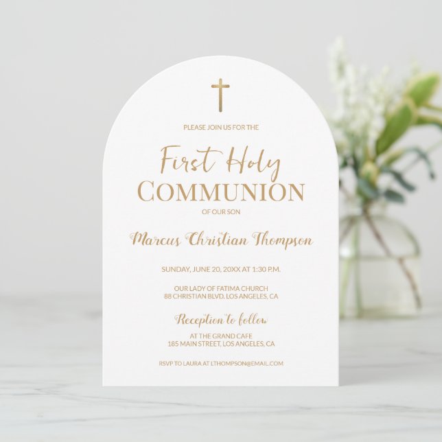 Elegant White Gold Cross Boy First holy communion  Invitation (Standing Front)