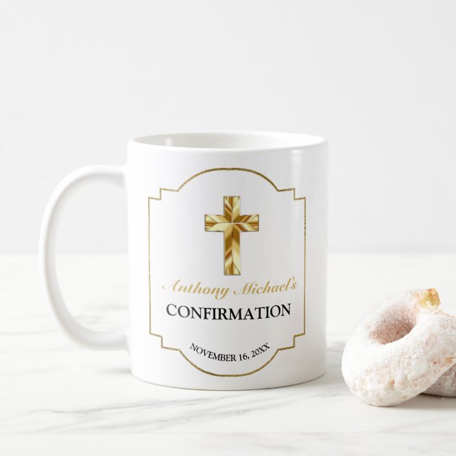 Elegant White Gold Cross Boy's Confirmation Favor Coffee Mug (With Donut)