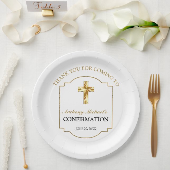 Elegant White Gold Cross Boys Confirmation  Paper Plates (Wedding)