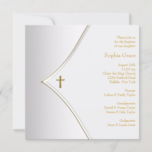 White Gold Cross Baby Boy Girl Christening Custom Invite