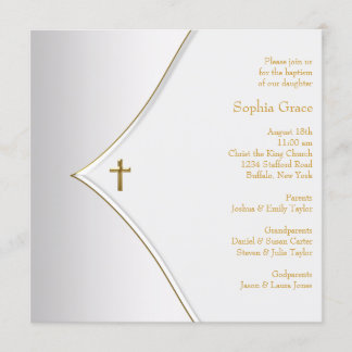 Elegant White Gold Cross Christening Invitation