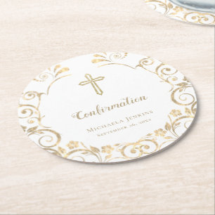Elegant White Gold Cross Confirmation Round Paper Coaster