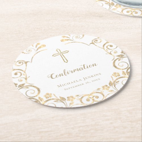 Elegant White Gold Cross Confirmation   Round Paper Coaster