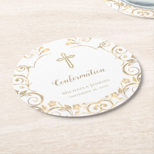 Elegant White Gold Cross Confirmation   Round Paper Coaster (Angled)
